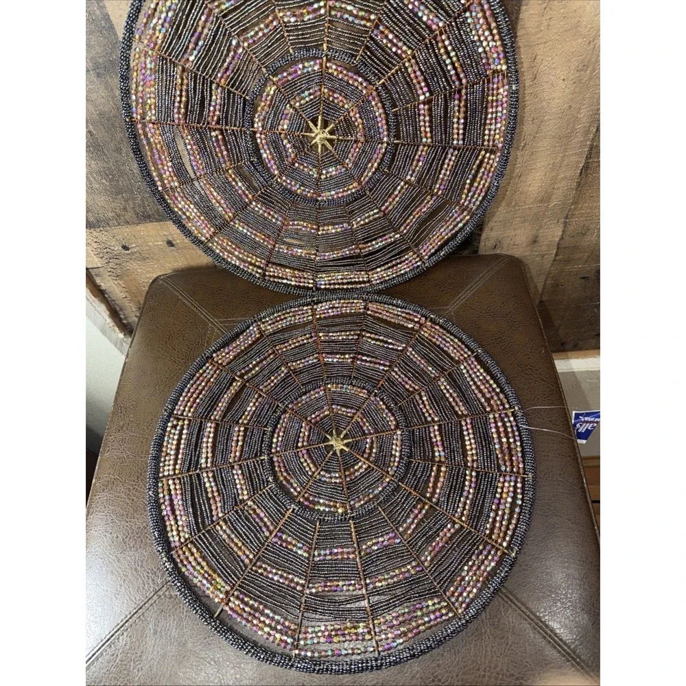 Set Hand Beaded Round Placemat Metallic Glass Seed Bead Spiderweb Starburst‎ Mat